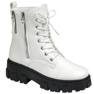 Women's White Lace-Up Combat Boots with Dual Zippers